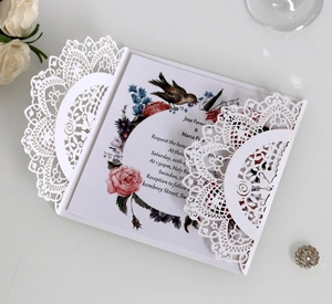 Macro detail of laser-cut wedding invitation with lace pattern and floral inner card
