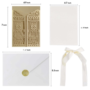 Detailed laser cut gold wedding invitation set with dimensions of cover and inserts