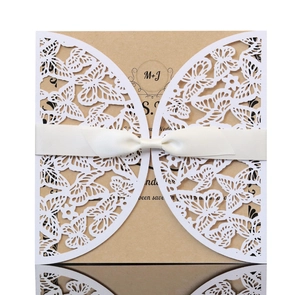 Laser-cut hollow butterfly wedding invitation with kraft card and silk ribbon bow