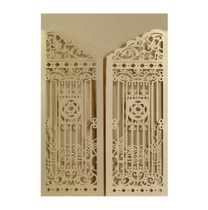Champagne gold laser-cut European gate invitation card with intricate hollow lace patterns