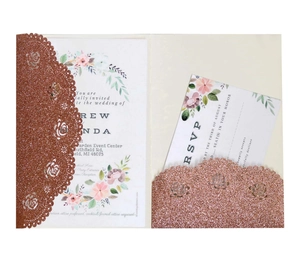 Laser Cut Glitter Pearlescent Paper Wedding Invitation Covers Rose Floral Hollow Out Greeting Cards For Valentine Party