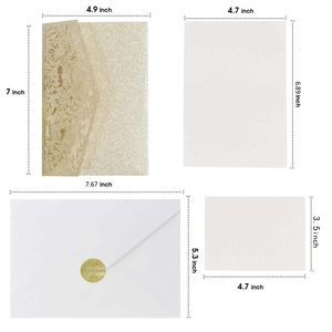 Glitter gold hollow-out invitations set with laser-cut covers, envelopes, and inner cards