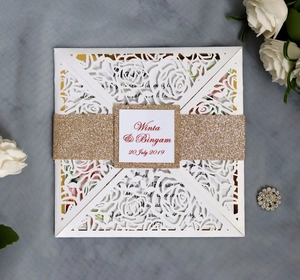 Laser cut rose pattern wedding invitation with gold glitter belly band and personalized names