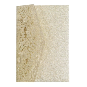 Pale gold glitter laser-cut floral invitation card with intricate hollow patterns