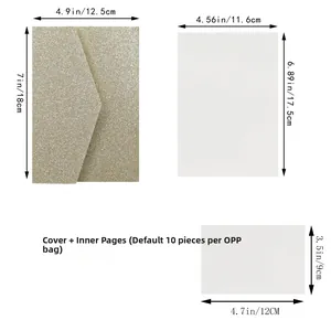 Detail view of gold glitter laser cut invitation cover and white inner sheets with dimensions