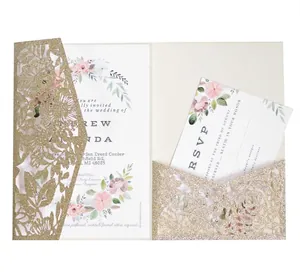 Elegant Glitter Pearlescent Paper Wedding Invitation Cards Laser Cut Rose Floral Hollow Out Greeting Card For Engagement Party Anniversary