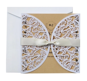 Laser cut hollow butterfly wedding invitation set with kraft paper and silk ribbon