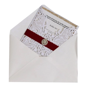 Elegant 40th anniversary laser cut lace invitation set with burgundy ribbon and rhinestone