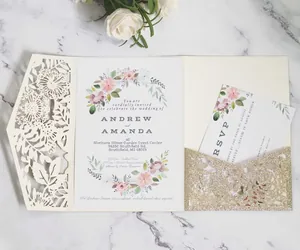 Laser cut hollow wedding invitation set with floral ivory cover and gold glitter RSVP card