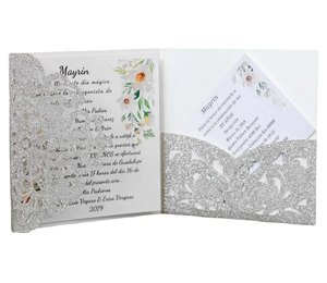 Laser cut glitter silver invitation card set with elegant floral hollow pattern