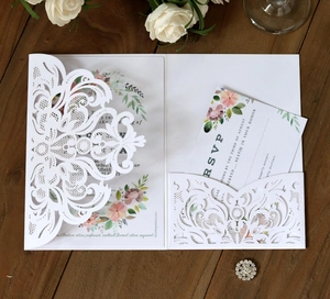 Elegant Laser Cut Wedding Invitation Cards Pearlescent Art Paper Hollow Floral Design With RSVP Inner Card For Marriage Party Banquet