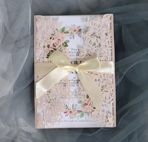 Elegant Laser Cut Hollow Rose Invitation Cards Pearlescent Paper Ribbon Bow With Envelopes For Wedding Engagement Party