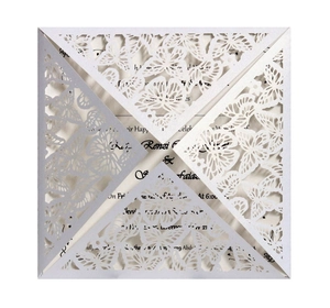 Macro view of white laser cut wedding card with butterfly hollow patterns and insert