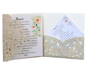 Glitter gold laser cut floral wedding invitation with watercolor flower insert card