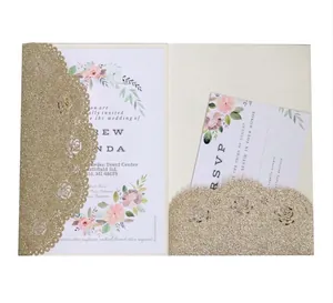 Silver laser-cut rose invitation card set with glitter cover and floral RSVP inserts