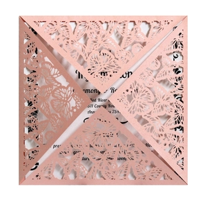 Pink laser cut butterfly wedding invitation card with elegant pearl shimmer finish