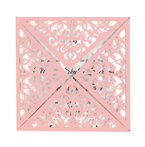 Pink laser-cut lace wedding invitation cover with elegant vine patterns and square design