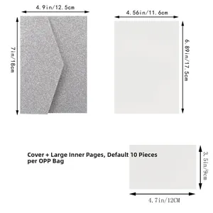 Detail view of glitter silver invitation set with inner paper size dimensions