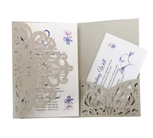 Laser cut light gold floral hollow invitation cards with pink rose and internal pages