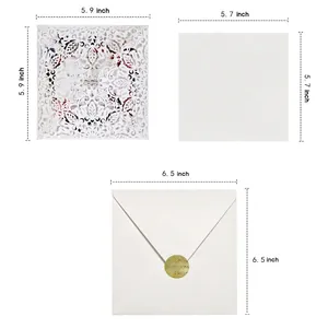 Laser cut lace wedding invitation set with white pocket, inner card and gold wax seal