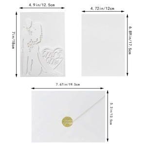 Detailed view of laser-cut wedding invitation set with Mr & Mrs silhouette and dimensions