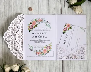 Elegant Laser Cut Floral Lace Wedding Invitation Cards Romantic Pearlescent Paper Hollow Out Engagement Party Invitations