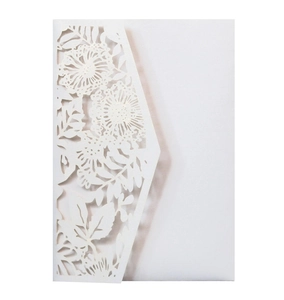 Elegant white laser-cut floral wedding invitation card with intricate hollow pattern