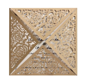 Laser-cut square gold invitation pocket featuring intricate hollow rose flower patterns