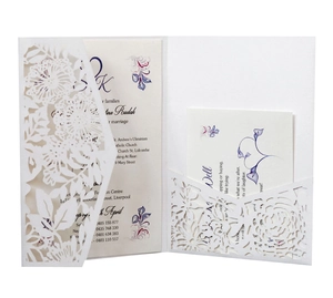 Elegant laser-cut floral wedding invitation set with intricate white hollow envelopes