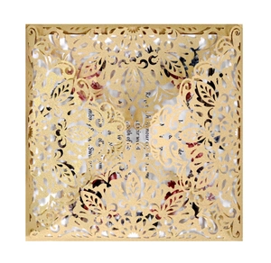 Laser-cut square golden wedding invitation card with intricate floral lace pattern