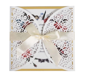 Laser Cut Wedding Invitations Artificial Pearl Paper Floral Bird Invitation Cards With Envelope Ribbon Bow For Wedding Party Supplies