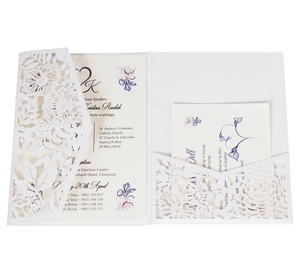 White laser cut floral wedding invitation set with elegant lace outer and inner card