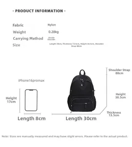 Detaillierte Größenangaben für den leichten Nylon-Rucksack mit Maßen und Gewichtsinfos