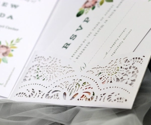 Elegant laser-cut lace wedding invitation set with floral inner card and RSVP details