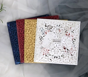 Laser cut hollow wedding invitation cards in four elegant colors with lace floral pattern