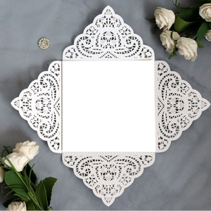 Elegant laser cut white lace wedding invitation cover with square card insert