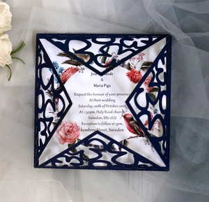 Navy laser-cut wedding invitation with vintage floral inner card on white mesh