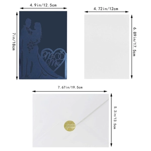 Detailed dimensions of laser-cut Mr & Mrs navy blue wedding invitation set including envelope