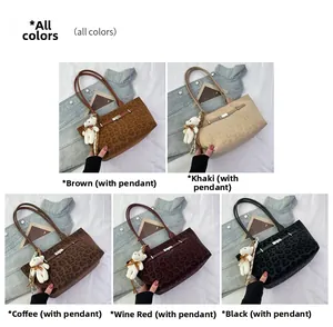 Leopard print tote bags shown in five colors with cute white bear charms
