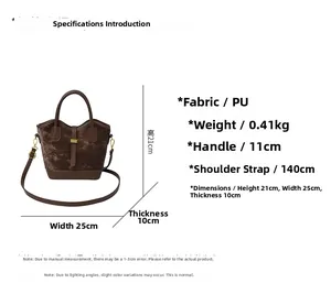 Tableau des tailles détaillé pour sac seau contrasté marron avec spécifications en PU