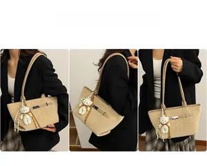 Three-angle model view of a beige tote bag with leopard texture and plush bear charm