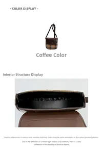 Detail view of coffee leather and plaid fabric saddle bag with internal structure display