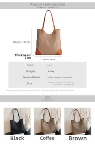 Detailed size chart and specifications for the waterproof nylon tote shoulder bag