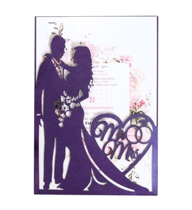 Laser-cut wedding invitation with Mr & Mrs silhouette and floral inner card