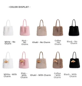 Fuzzy tote bags display in five colors with optional croissant pendants and braided handles
