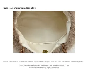 Internal structure of plush handbag with cream lining and golden magnetic snap buckle
