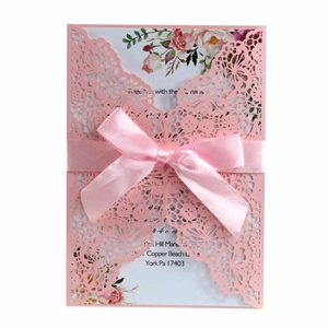 Laser Cut Wedding Invitations Pearl Paper Floral Lace Design With Ribbon Bow Envelopes Elegant Party Celebration Cards