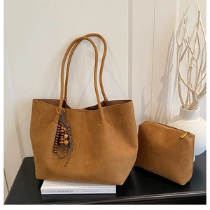 Brown suede tote bag set with matching zippered pouch and beaded tassel charm detail
