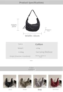 Size chart for canvas shoulder bag showing dimensions 43x22x7cm and color options