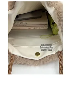 Top view of plush tote bag interior with large capacity, magnetic clasp and daily essentials